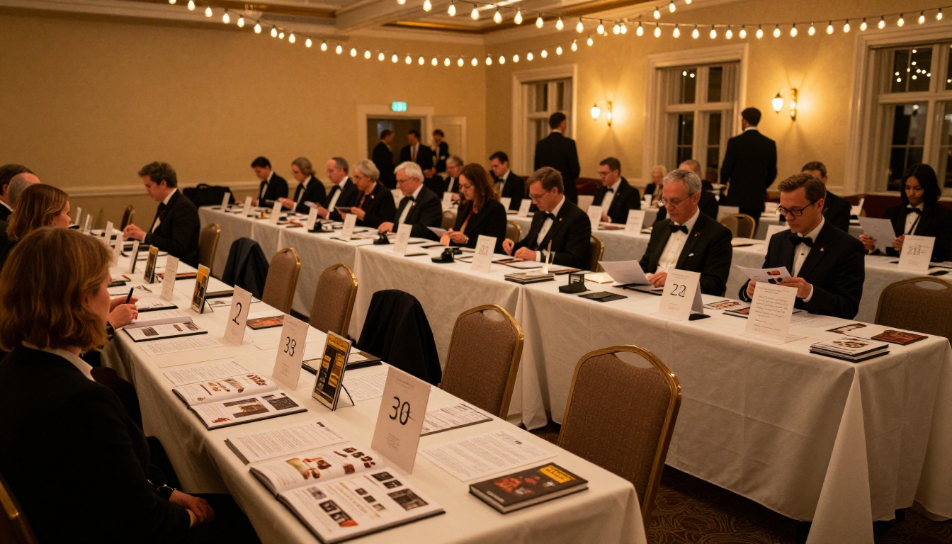 Wide shot of an elegant silent auction ballroom with guests browsing tables and open flipbook catalogs under warm amber lighting