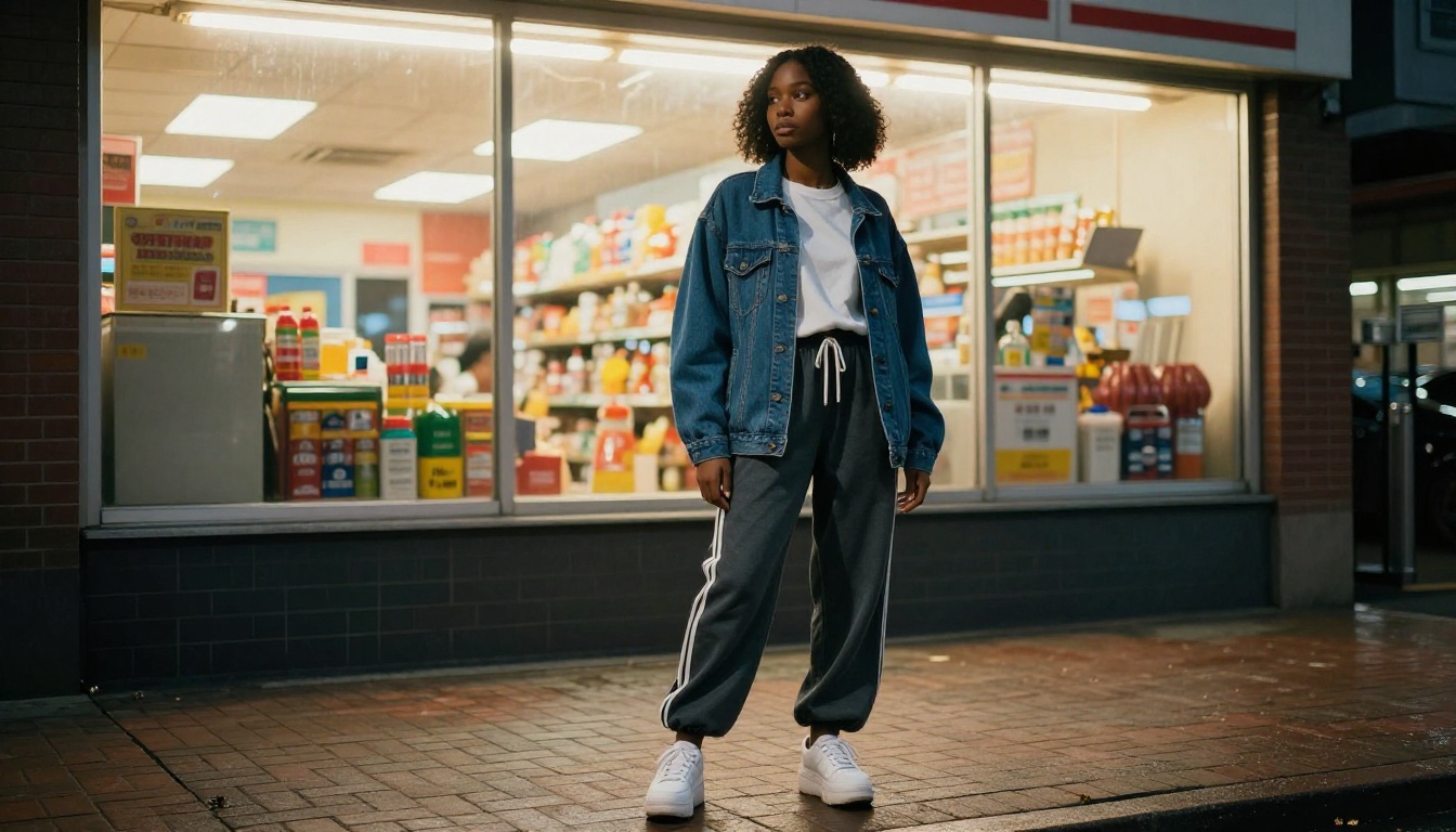 Young Black female model in streetwear outside convenience store at night