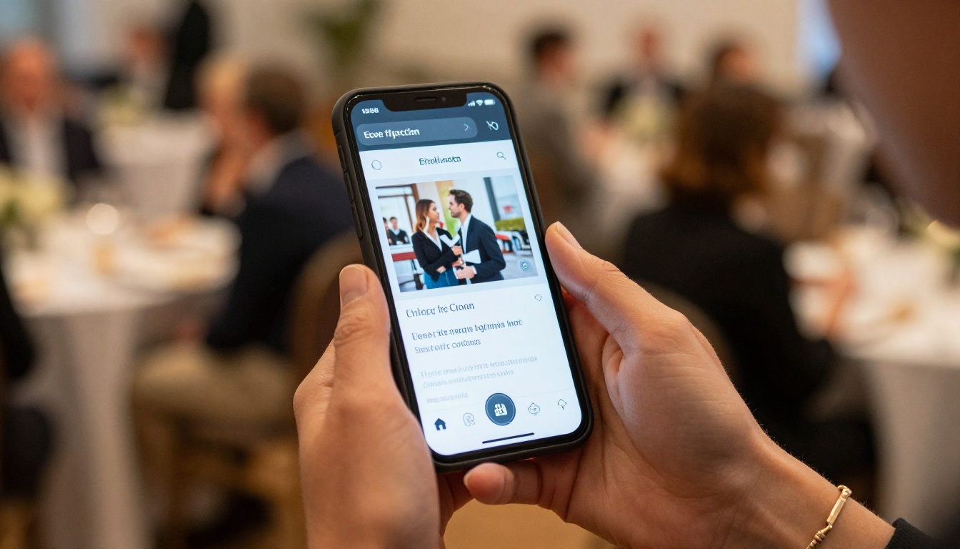 Woman holding smartphone at charity event viewing a digital flipbook auction catalog with warm ambient lighting Woman holding smartphone at charity event viewing a digital flipbook auction catalog with warm ambient lighting