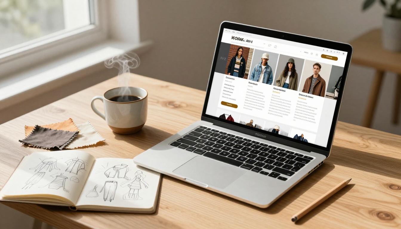 Laptop showing digital fashion flipbook on creative workspace desk