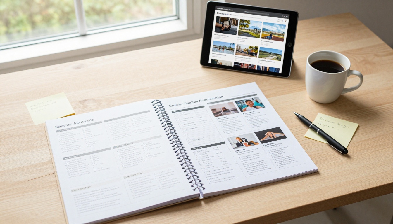 Overhead flat lay of charity auction planning desk with sponsor recognition flipbook, sticky notes, and tablet preview Overhead flat lay of charity auction planning desk with sponsor recognition flipbook, sticky notes, and tablet preview