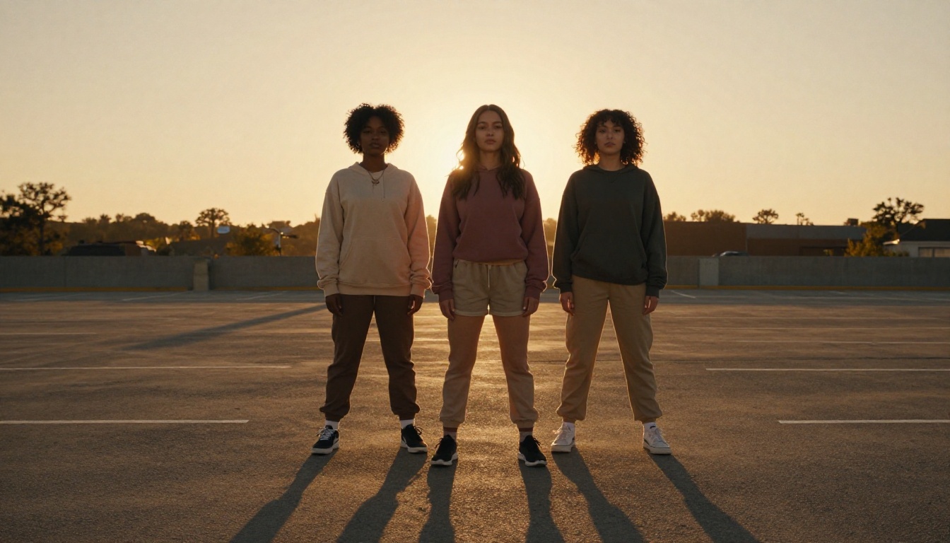 Group of three women in coordinated streetwear at golden hour parking lot