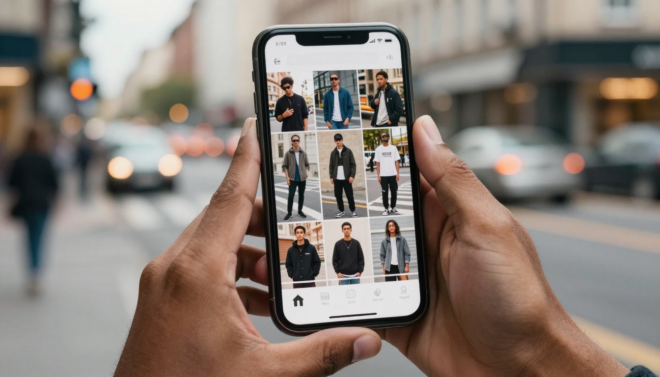 Hands holding phone showing streetwear digital lookbook