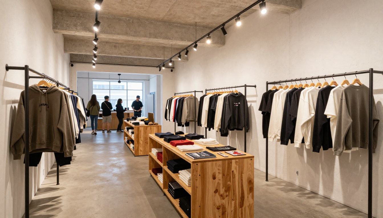 Streetwear pop-up shop interior with industrial clothing racks and wooden shelving