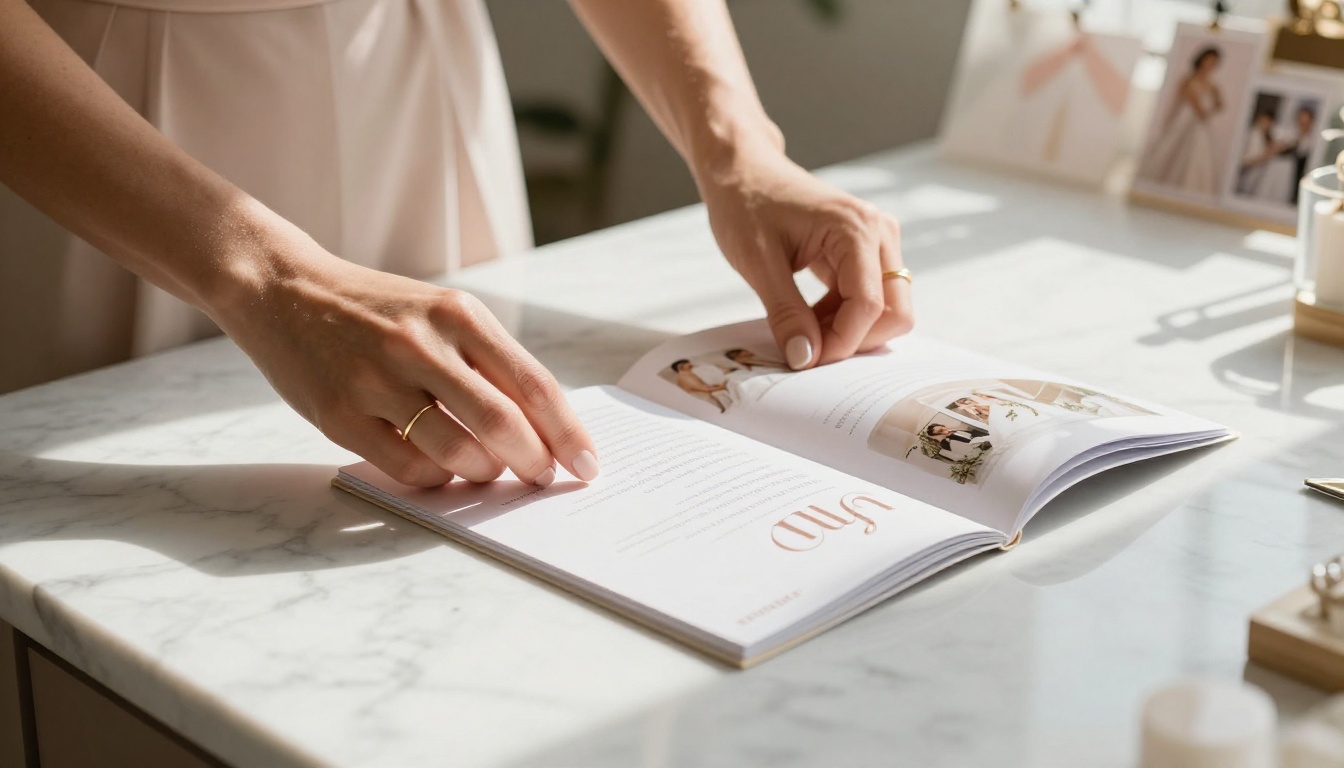 Wedding planner turning pages of a printed wedding brochure on a marble countertop