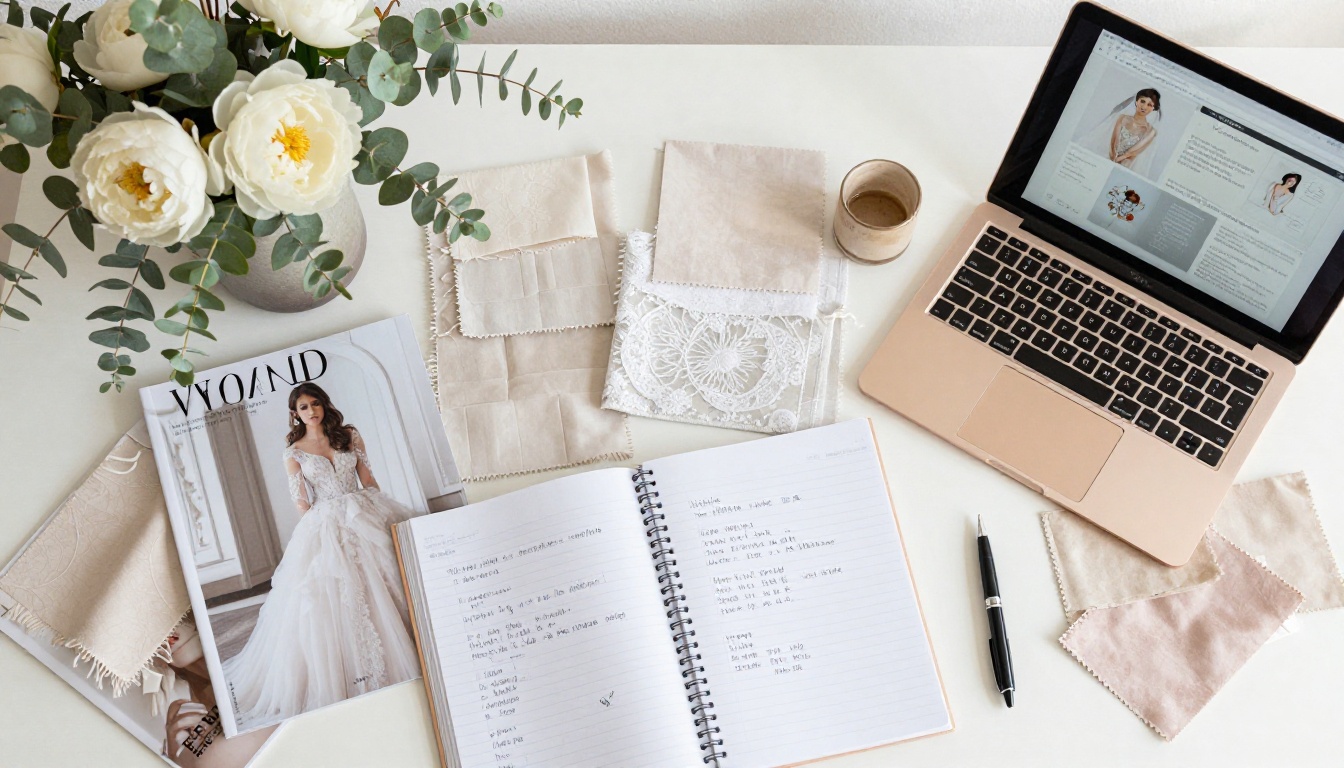 Aerial flat-lay of a wedding planning desk with bridal magazines, fabric samples, and a rose gold laptop