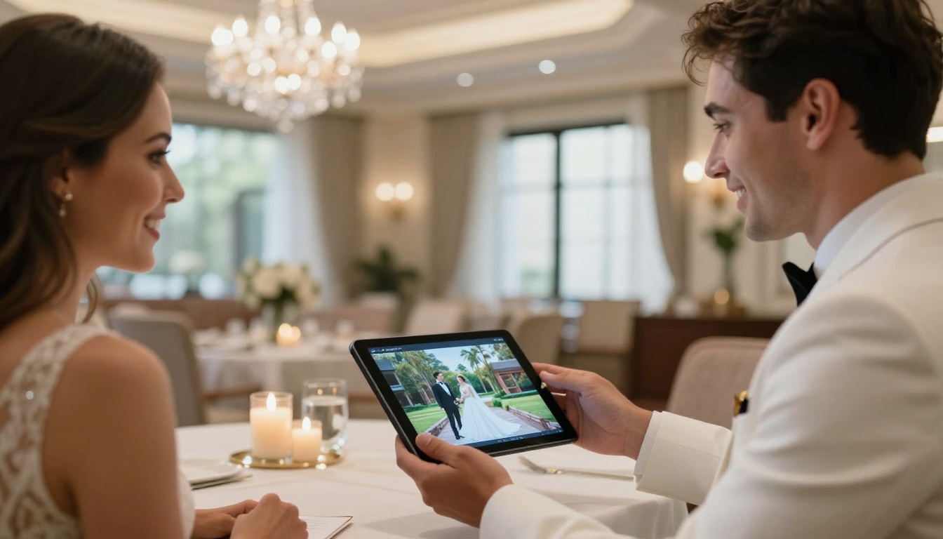 Wedding planner in white blazer presenting a digital tablet to a happy couple at a hotel consultation table