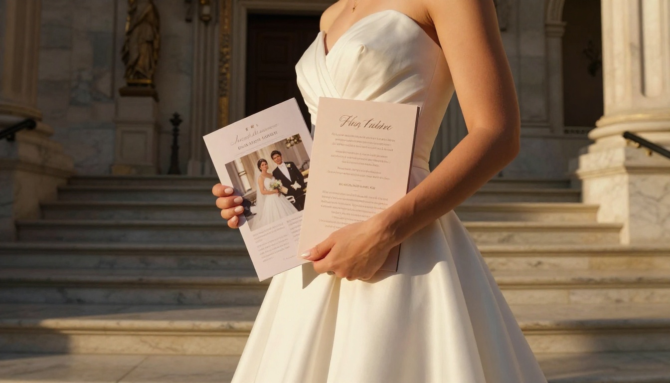 Bride in white gown holding a blush wedding brochure on a grand cathedral marble staircase in golden light