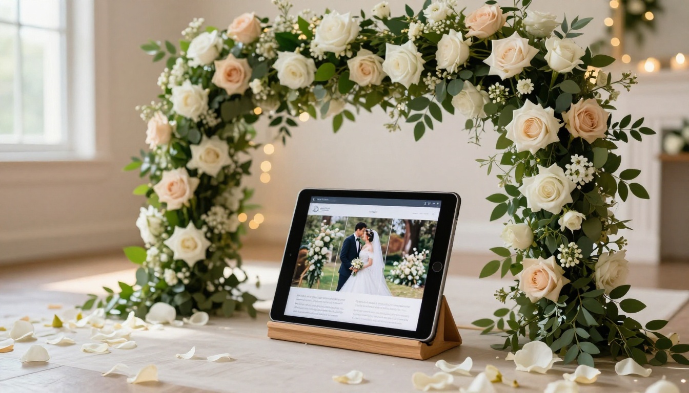 iPad on a wooden stand displaying a digital flipbook inside a floral wedding arch with fairy lights bokeh