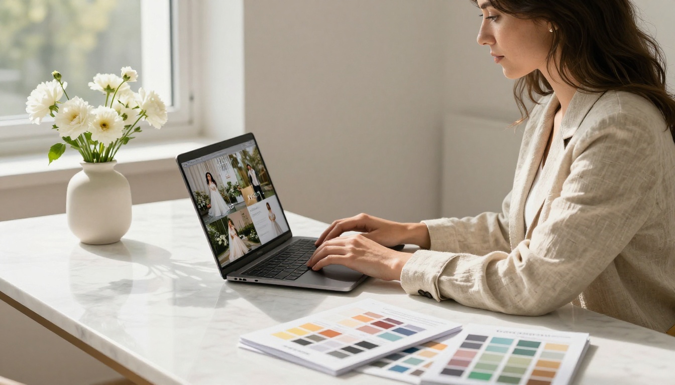Female wedding planner in beige linen blazer at a white marble desk with a laptop and flipbook brochure samples