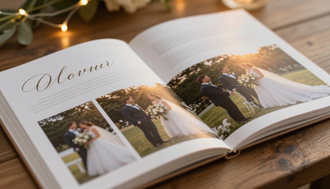Close-up macro shot of a wedding brochure spread open showing full-bleed dusk ceremony photography and elegant typography