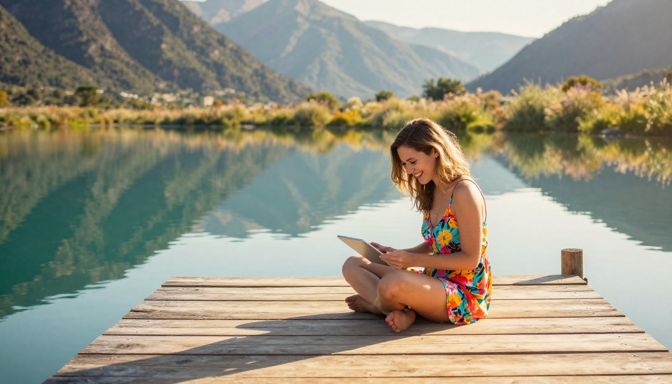 A woman on a sun-drenched dock scrolling through holiday photos on a tablet