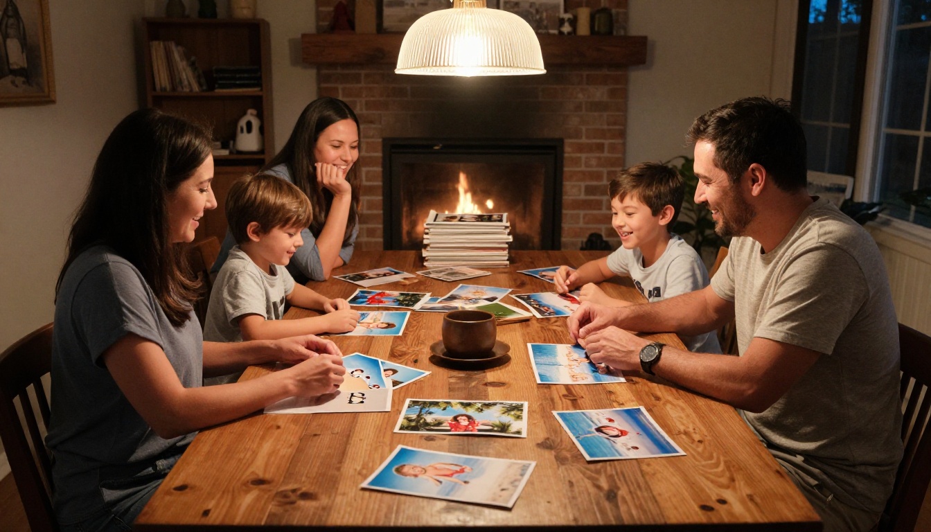 A family gathered around a farmhouse table sorting through printed holiday photos together