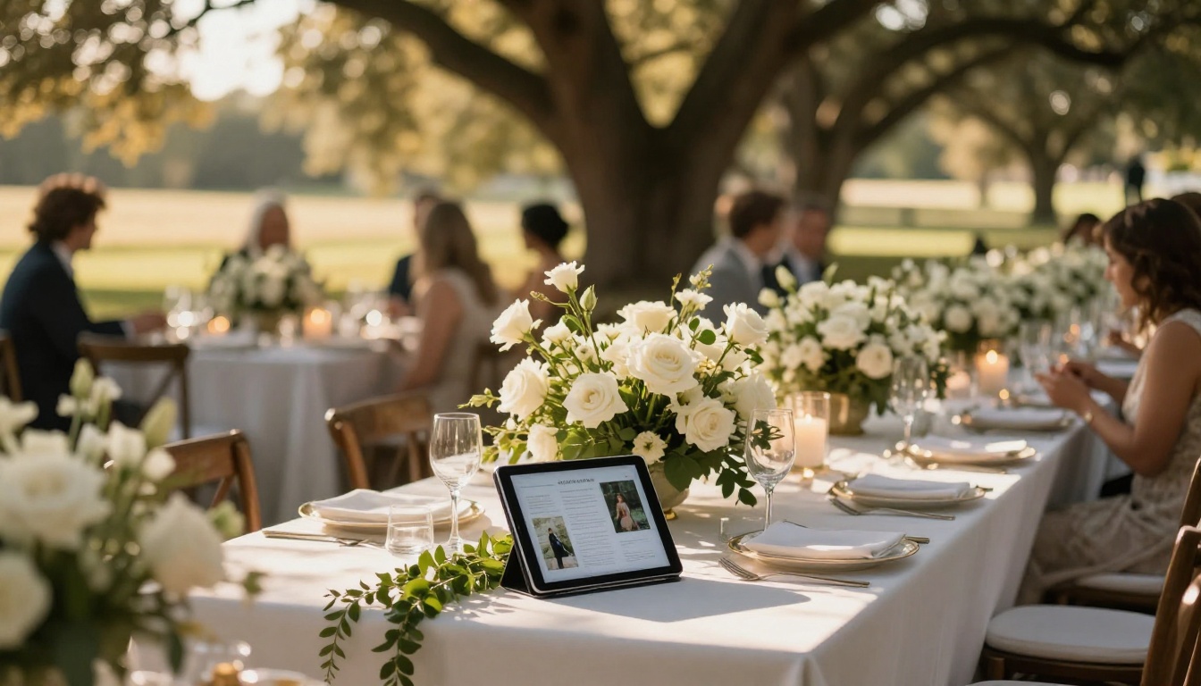 Luxurious outdoor wedding reception at golden hour with a tablet on a stand showing a digital wedding brochure
