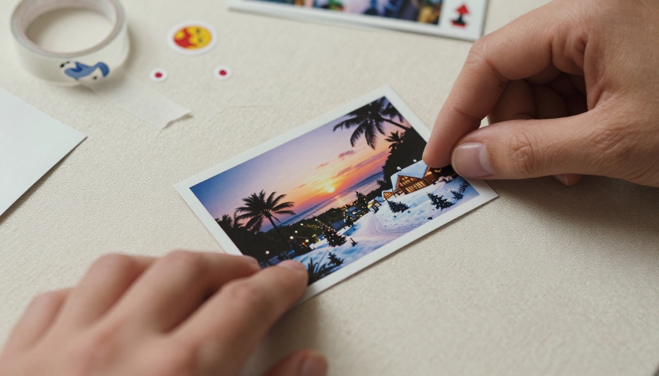 Hands carefully arranging printed polaroid photos on a beige linen surface