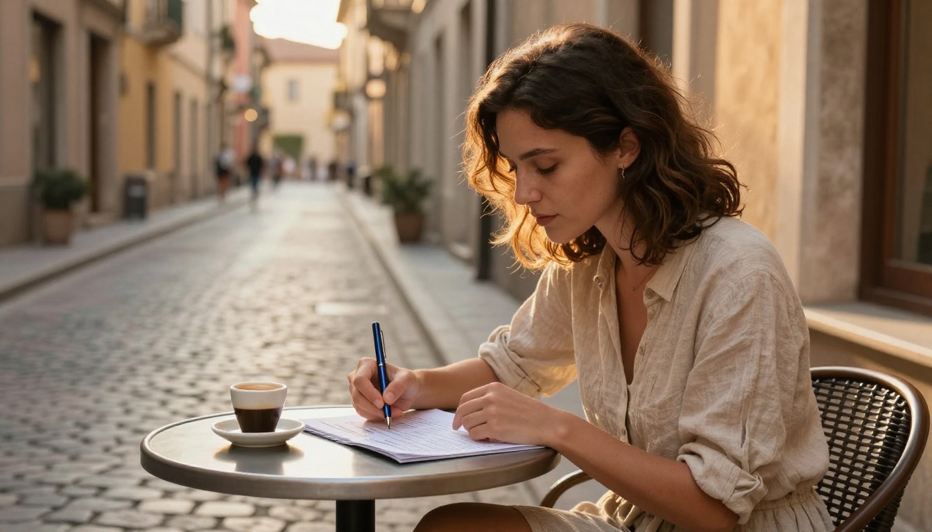 A traveler carefully reviewing her printed travel itinerary at a European café terrace, espresso in hand
