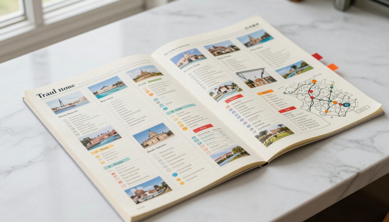 Close-up flat-lay of a beautifully designed travel itinerary document on a marble desk, color-coded sections and destination photos