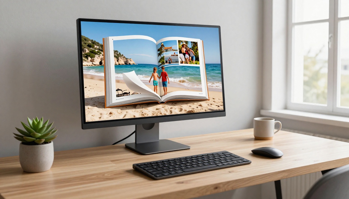 A monitor displaying a vibrant digital flipbook on a clean minimalist home office desk