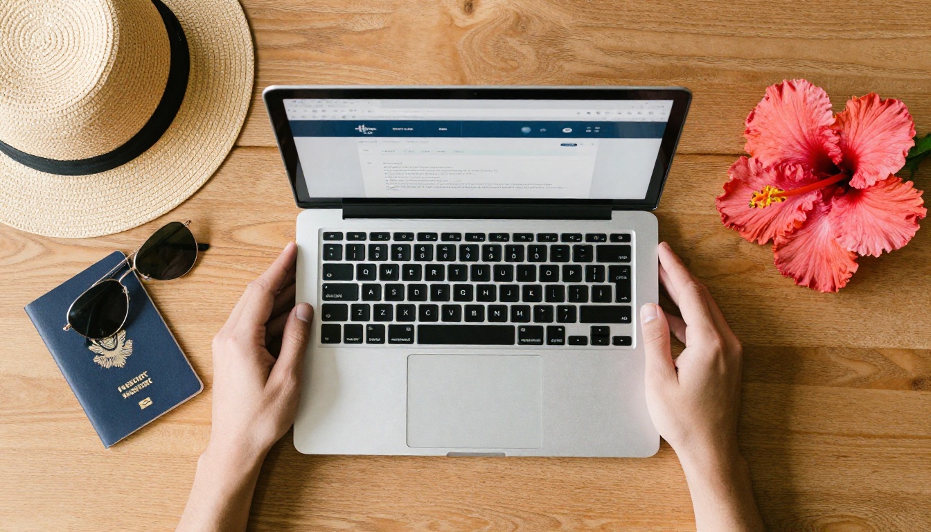 Aerial flat-lay of hands at a laptop uploading a travel document, surrounded by a passport, sunglasses, straw hat, and tropical flowers