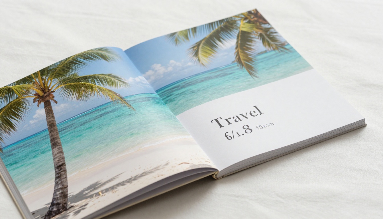 A high-quality printed travel flipbook open on white linen, showing a tropical beach destination spread with turquoise water and palm silhouettes