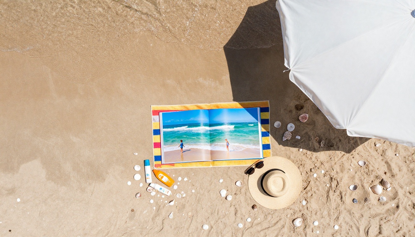 An aerial shot of a beach photo album open on a colorful beach towel surrounded by seashells and sunglasses