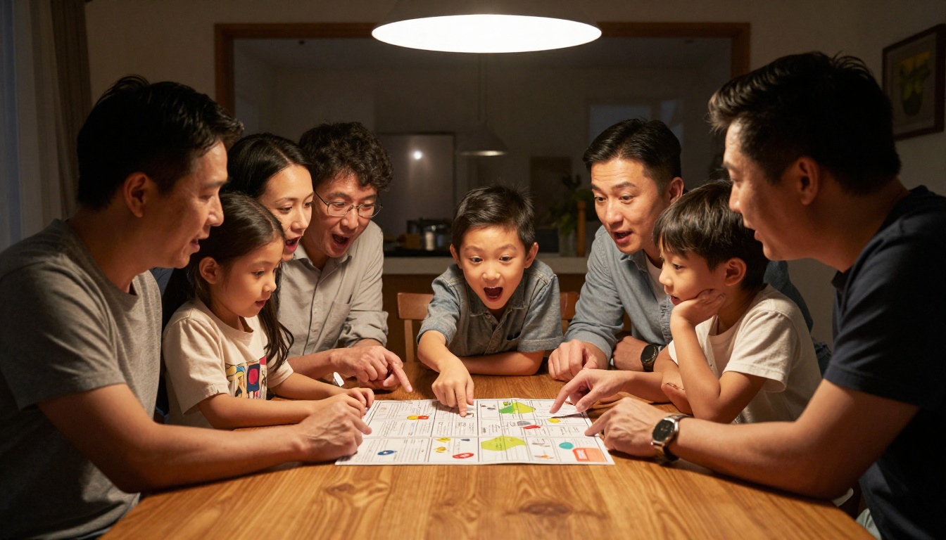 A multigenerational family gathered around a dining table examining a travel itinerary together, warm evening pendant lamp light