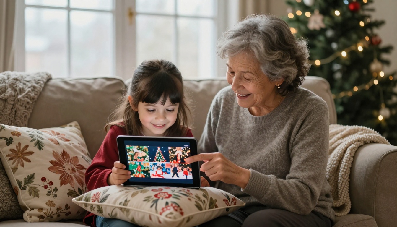 A grandmother and young granddaughter sharing a Christmas memories flipbook on a tablet together