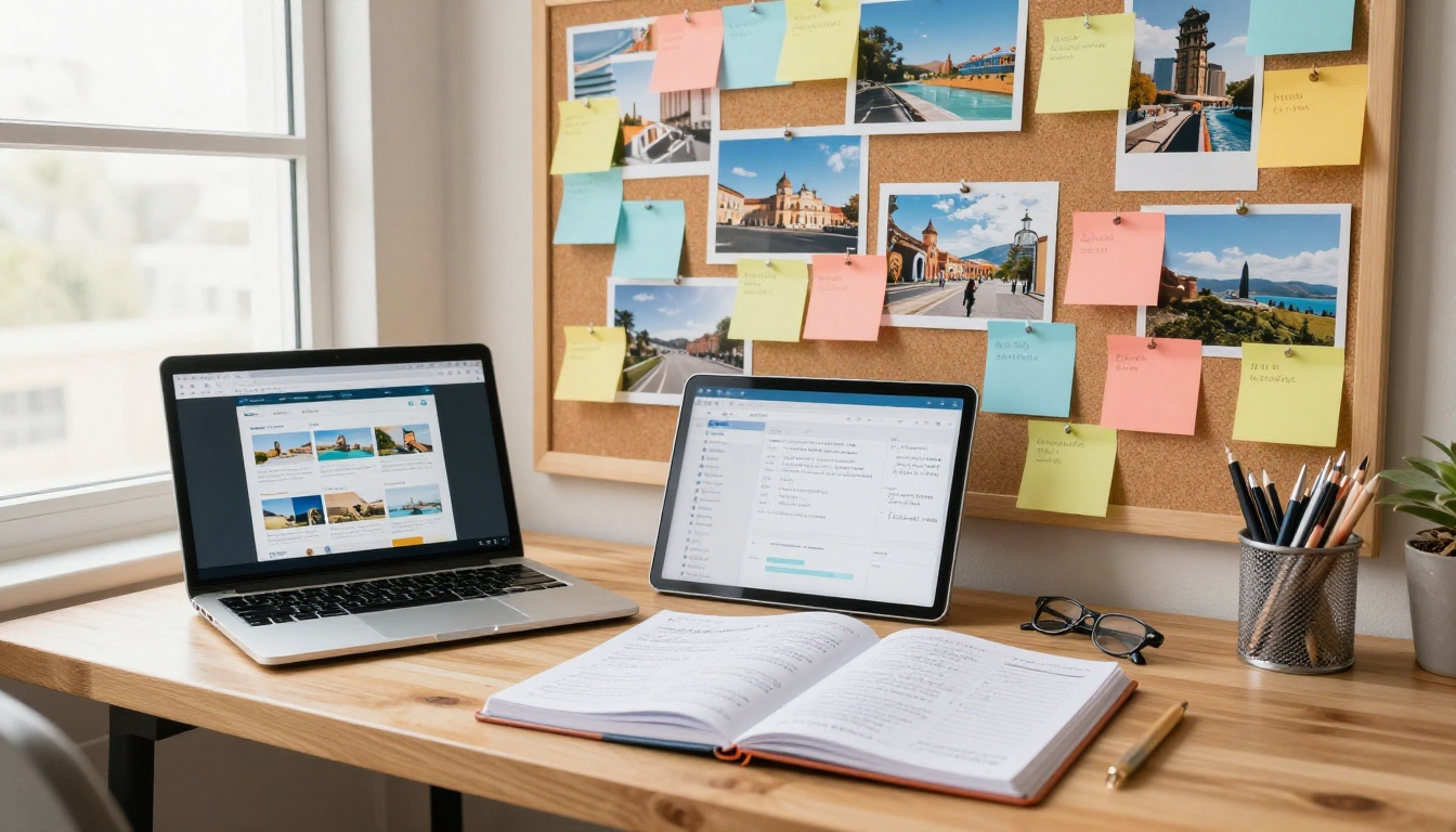 A travel blogger at a creative workspace with sticky notes, destination photos, and a laptop showing a flipbook creation interface