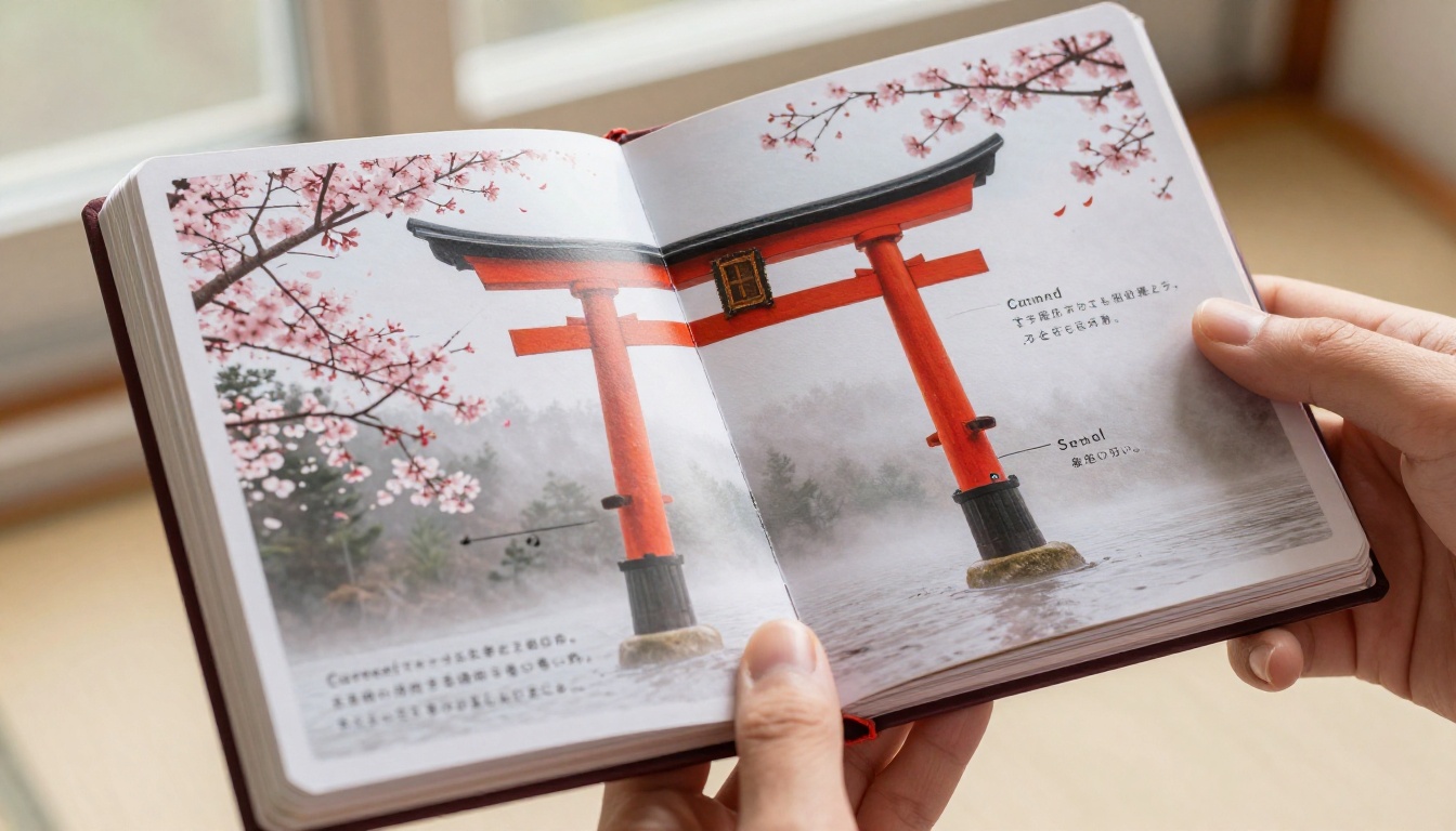 Close-up of hands flipping through a Japan-themed travel flipbook, a torii gate and cherry blossoms visible on the open page spread
