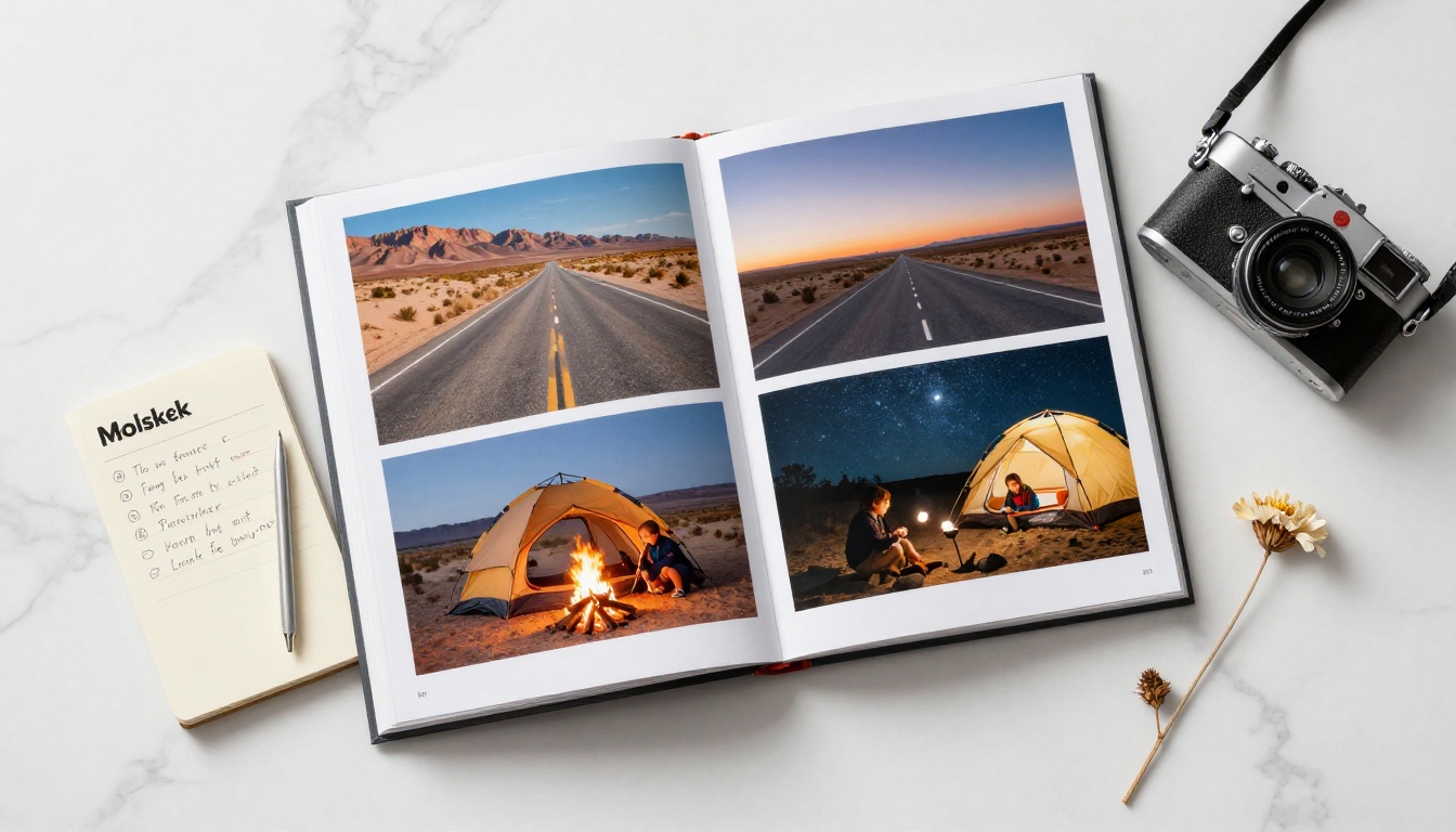A flat-lay of a road trip holiday flipbook open on white marble beside a vintage camera and dried wildflower