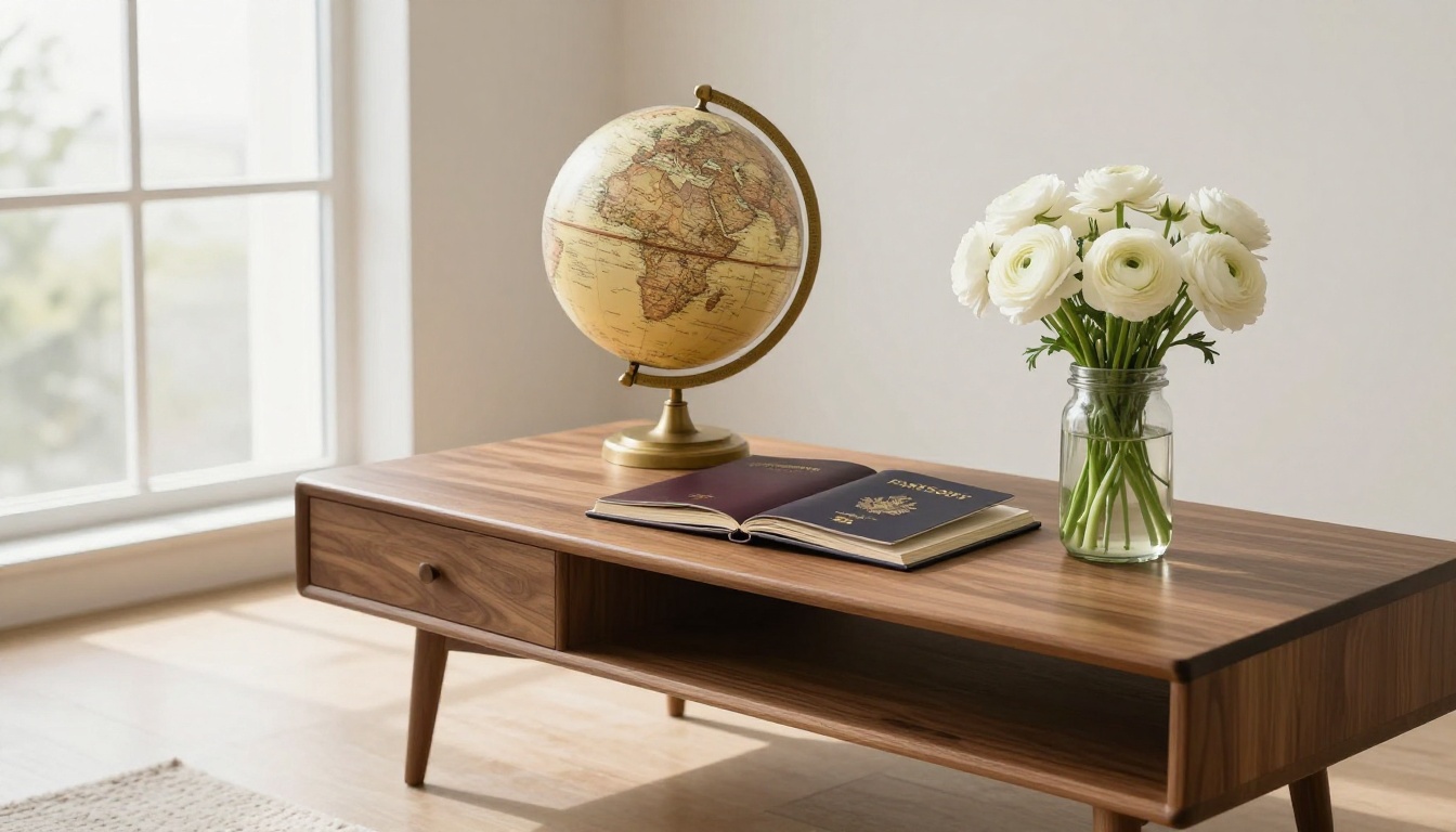 An elegant open travel flipbook on a walnut coffee table beside a vintage globe, passport, and fresh white ranunculus flowers, warm window light
