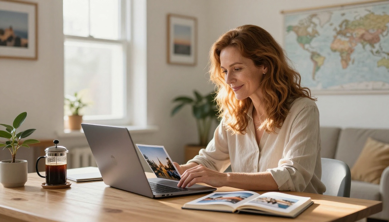 A woman at a bright Scandinavian-style home office desk reviewing her completed holiday flipbook on a laptop