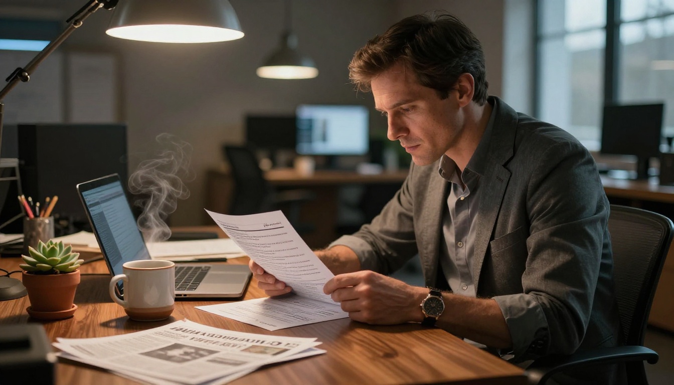 Journalist at newsroom desk reviewing press release document with handwritten notes