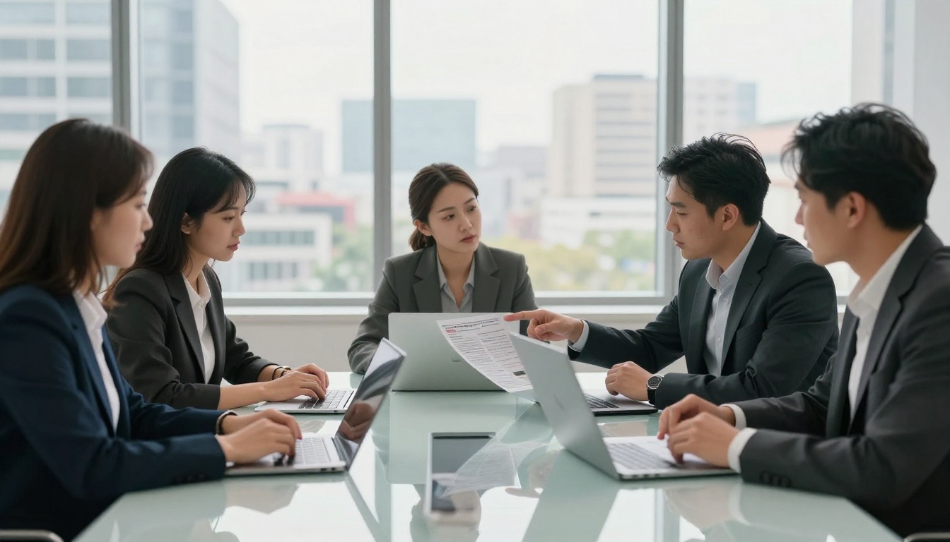 PR team collaborating over press kits and laptops in modern conference room
