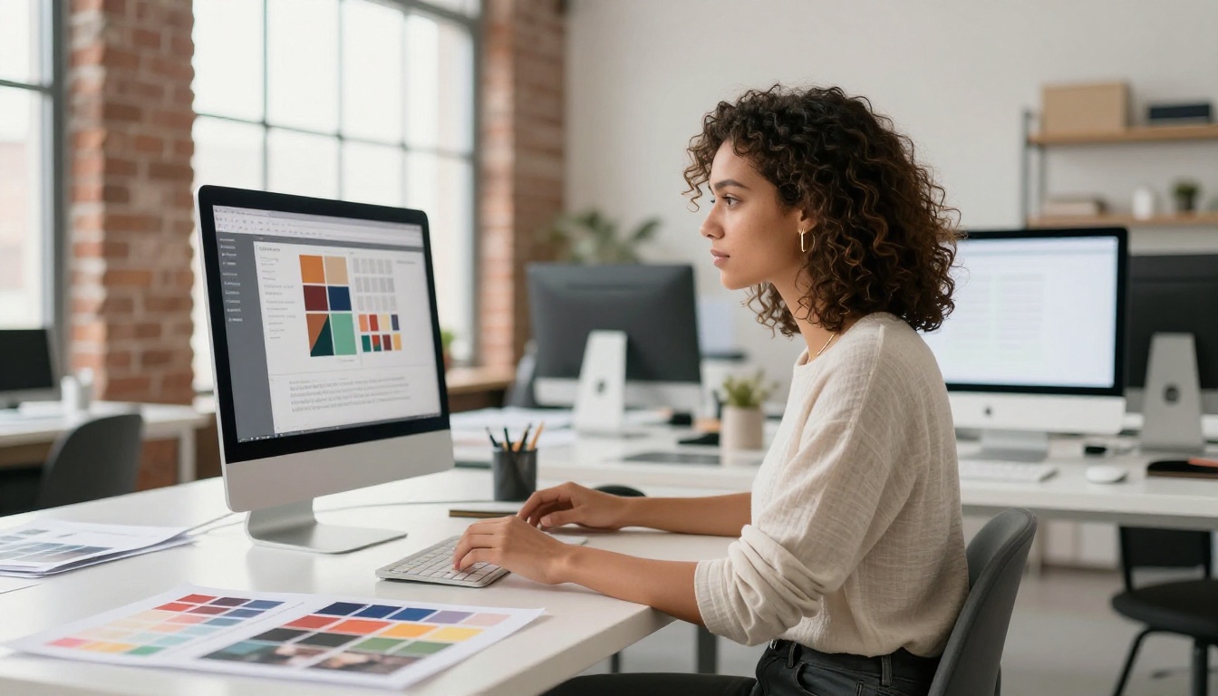 Creative designer reviewing professional press release layout at iMac in bright studio