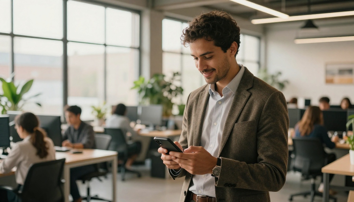 Business professional sharing digital document link via smartphone in modern co-working space