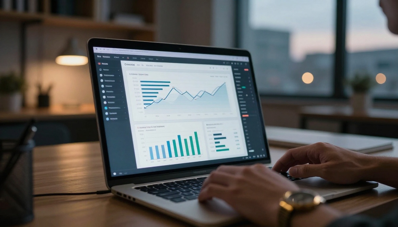 Laptop analytics dashboard showing press release engagement metrics and view counts