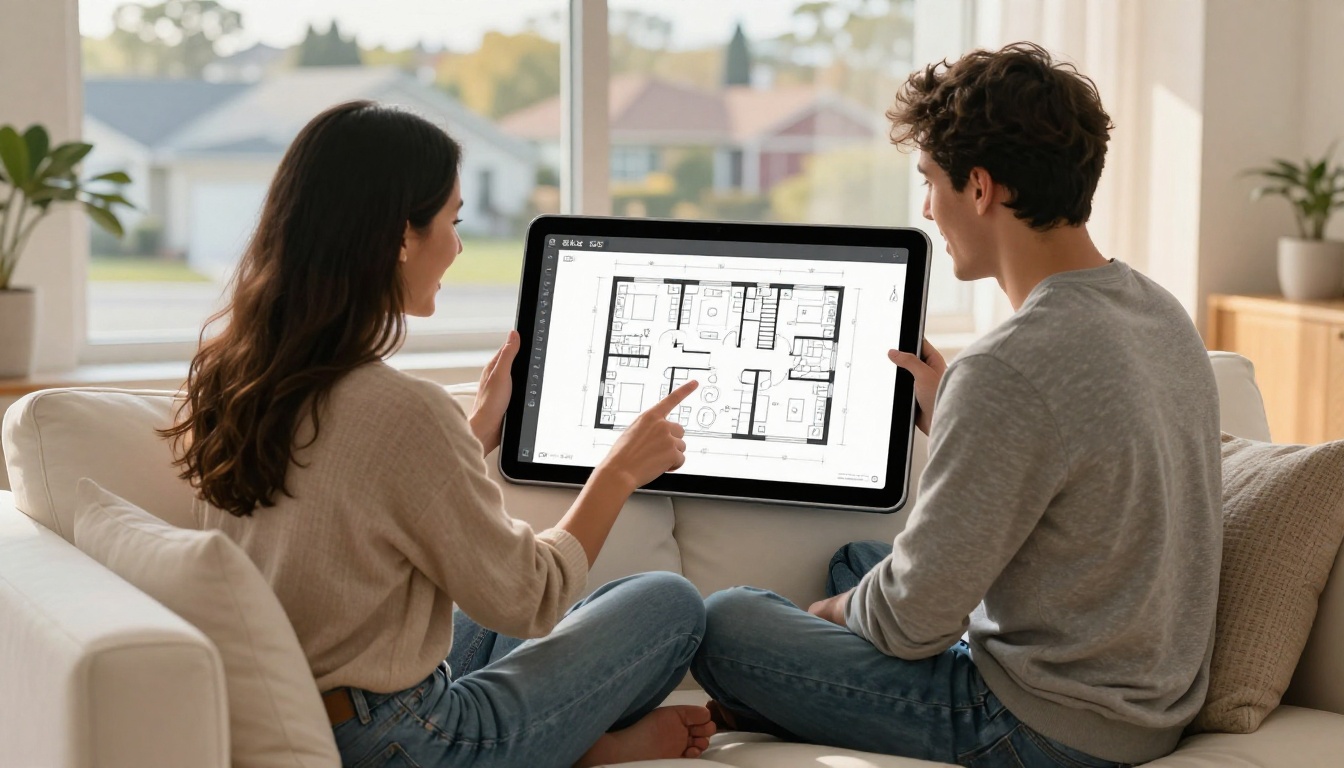 Couple reviewing digital floor plan on tablet at home