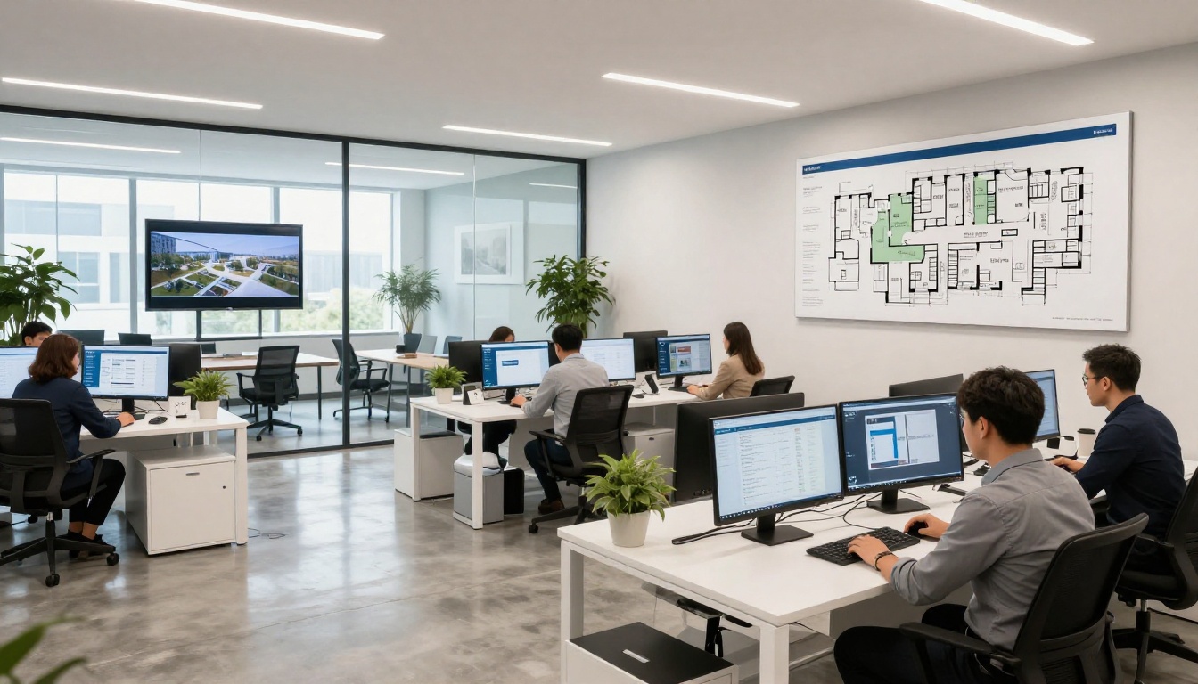 Modern real estate sales office interior with digital presentations