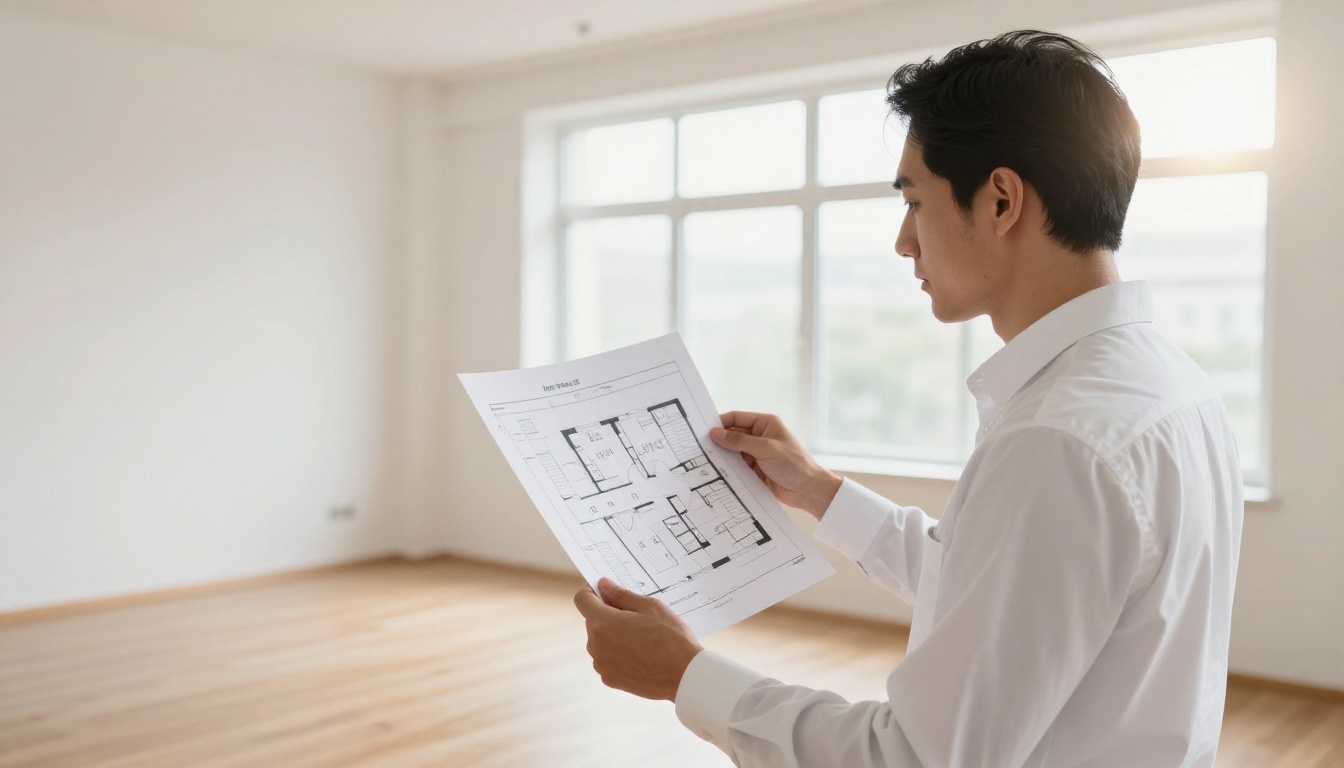 Real estate agent holding floor plan document in bright empty apartment
