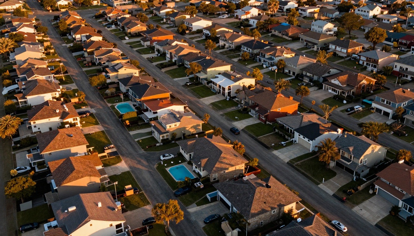 Aerial view of residential neighborhood at golden hour from drone Aerial view of residential neighborhood at golden hour from drone