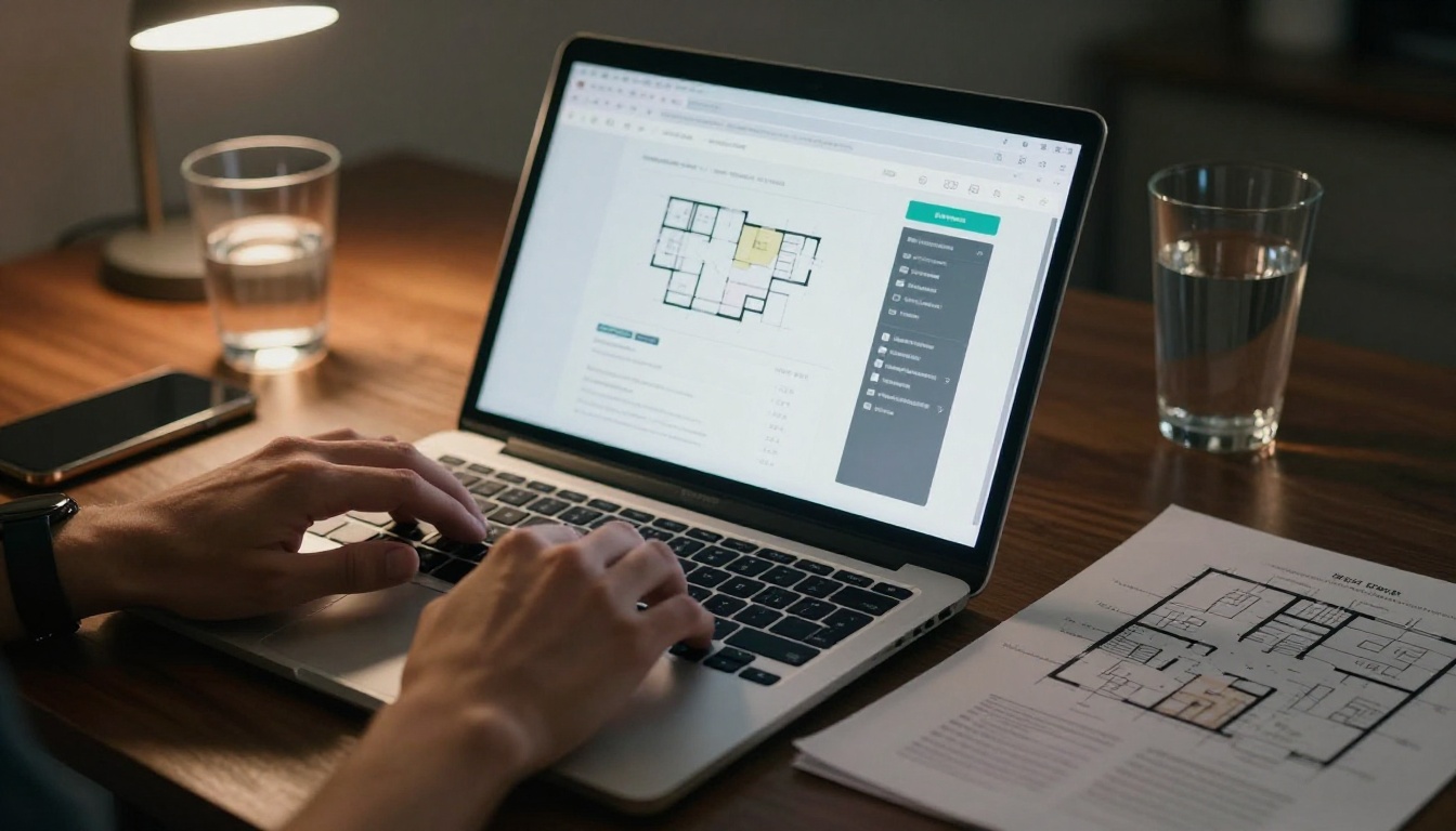 Close-up of hands on laptop showing property listing with floor plan viewer