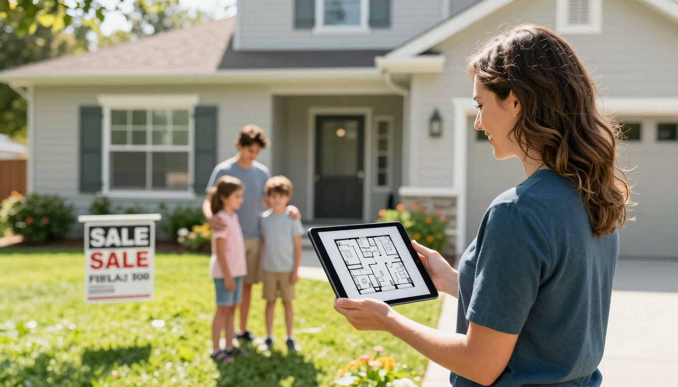 Female real estate agent outside house showing floor plan on tablet to family