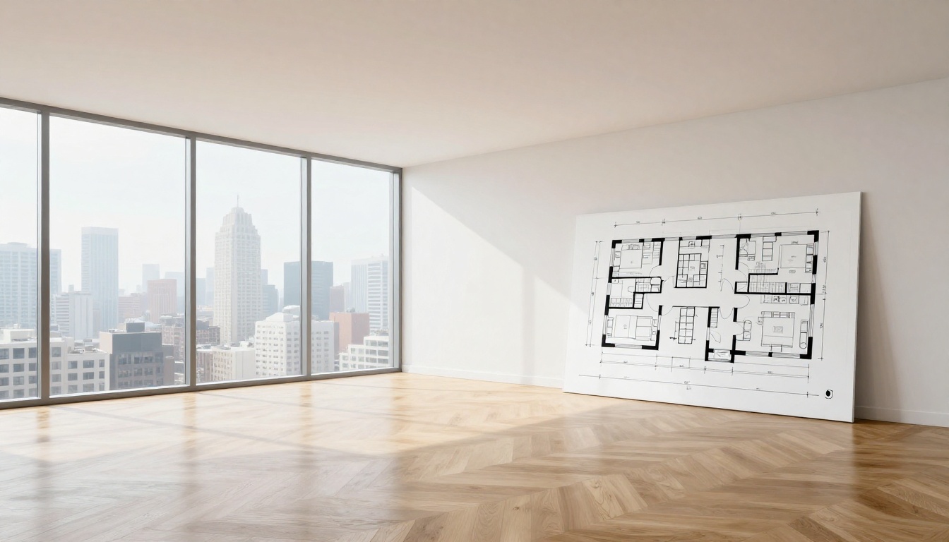Bright empty luxury living room with floor plan document leaning against white wall Bright empty luxury living room with floor plan document leaning against white wall