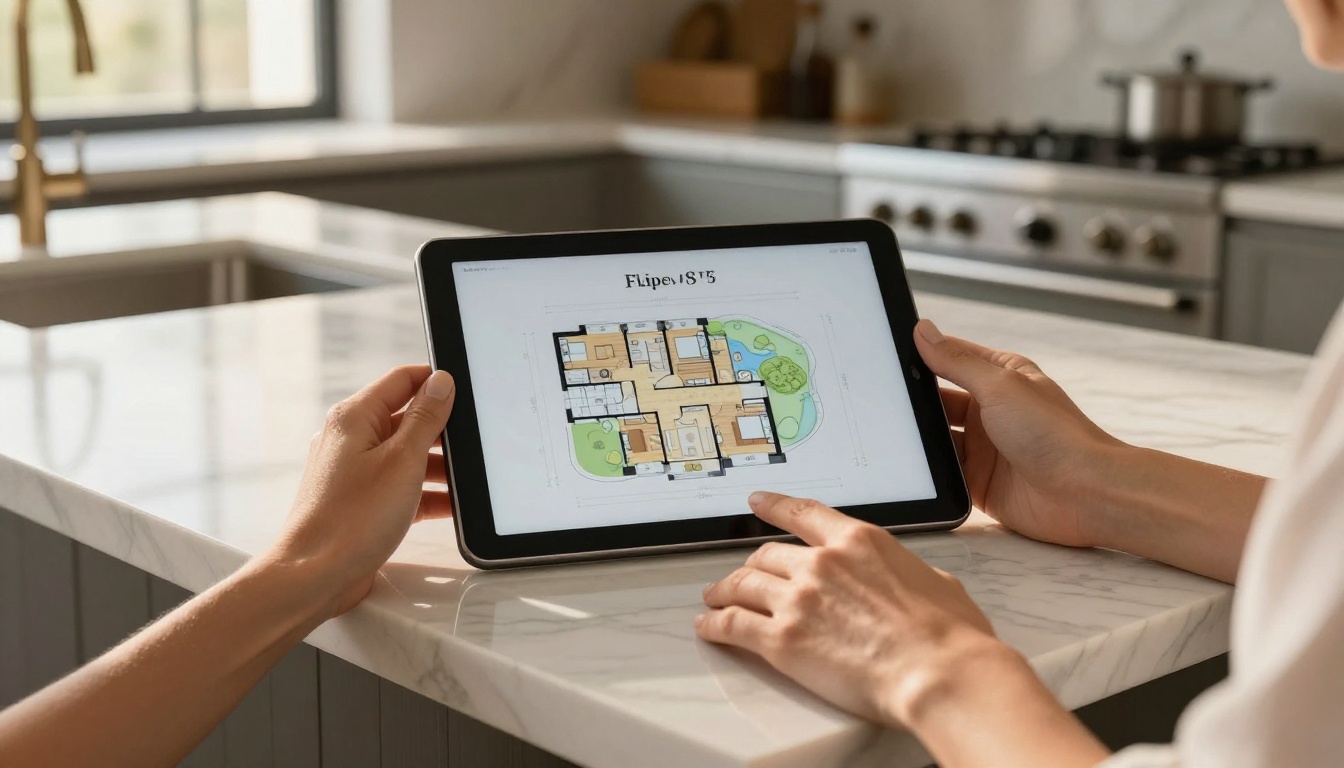 Realtor holding tablet with digital property flipbook at open house entrance