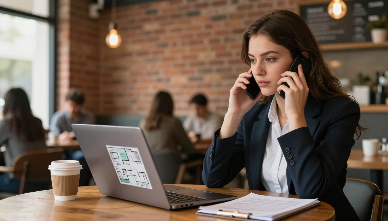 Young woman real estate agent at coffee shop with laptop showing digital floor plan Young woman real estate agent at coffee shop with laptop showing digital floor plan