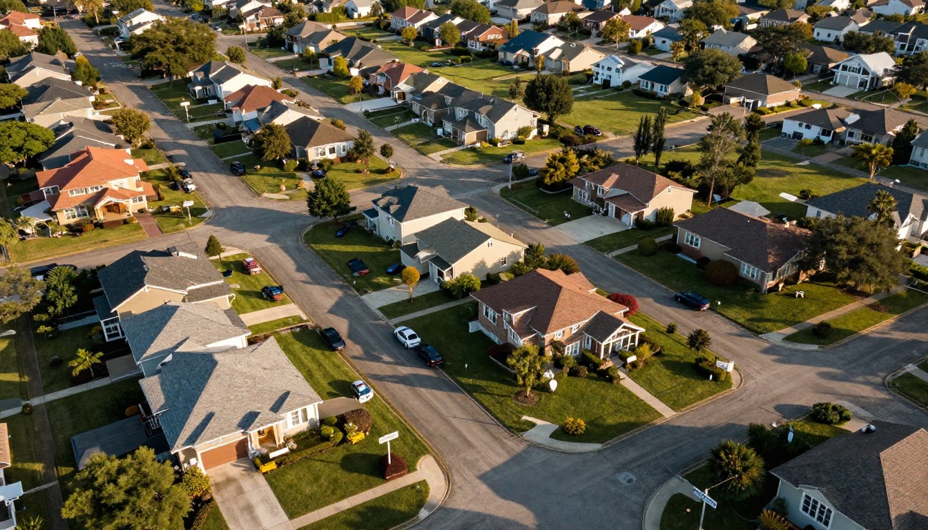 Aerial drone view of suburban neighborhood with open house signs on front lawns