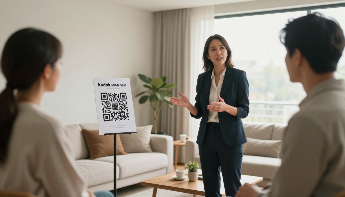 Real estate agent showing QR code display stand to interested buyers at staged open house
