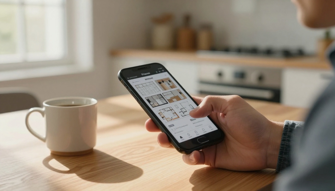 Male buyer viewing property floor plan on smartphone at modern kitchen table with coffee