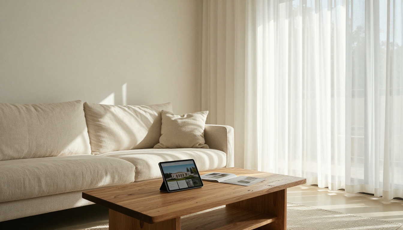 Bright staged living room with sheer curtains and tablet showing property flipbook on oak coffee table